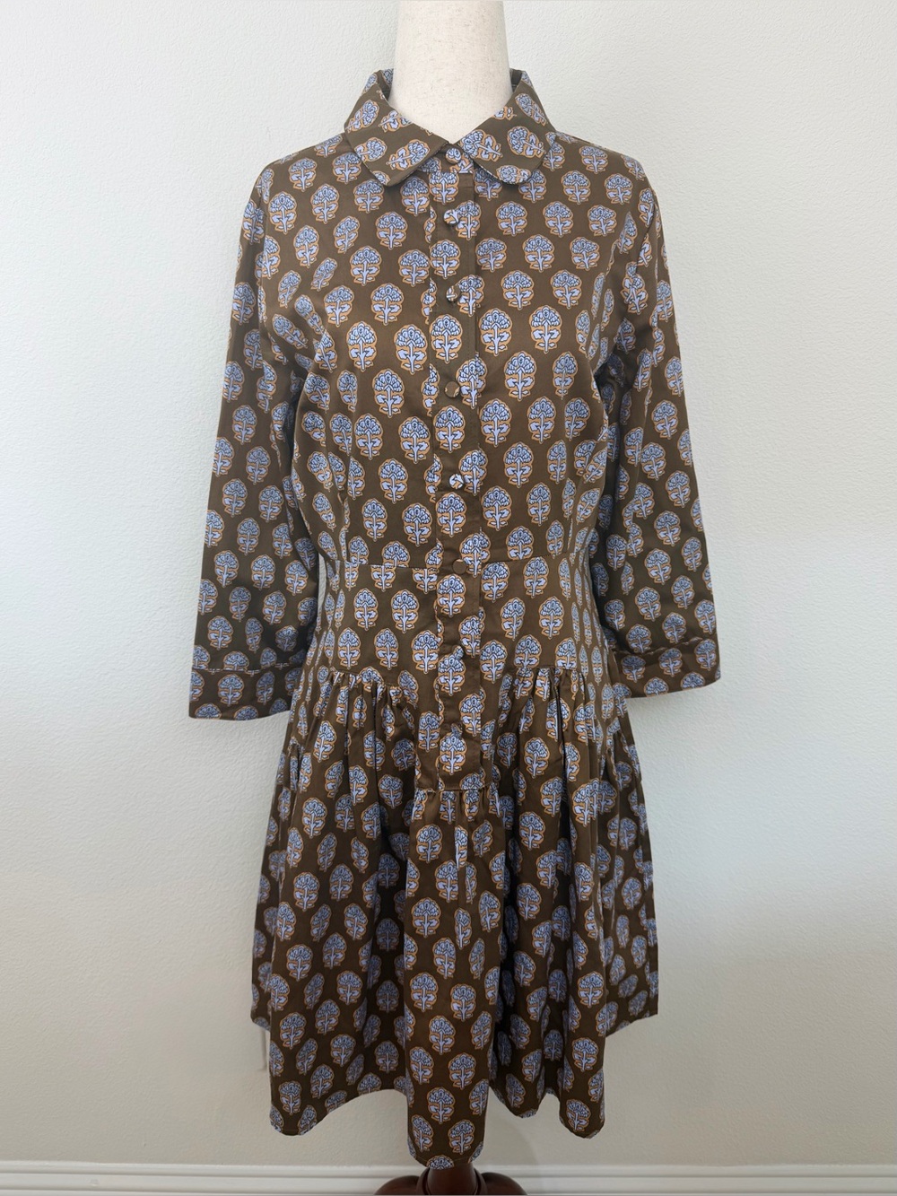 Patty Kim Floral Print Brown Cotton Shirtdress